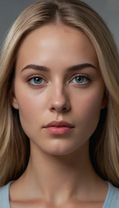 Create a hyper-realistic frontal portrait of a young adult female with an oval-shaped face, soft jawline, subtly defined cheekbones, and fully symmetrical features. Head perfectly straight, shoulders level, no tilt or angle. Eyes almond-shaped, light blue-gray, medium-large, frontal gaze, spaced one eye-width apart, subtle natural highlights in pupils. Eyebrows full, slightly arched, matching blonde hair. Nose straight, narrow bridge, slightly rounded tip, nostrils proportionate. Lips medium-full, defined cupid’s bow, neutral expression. Hair long, (~45–50 cm), light blonde with natural highlights, smooth, flowing naturally over both shoulders, partially covering a white deep V-neck blouse, soft fabric with minimal folds. Soft, natural lighting, shallow depth of field, neutral background, photorealistic skin texture, realistic hair strands, balanced shadows and highlights. Maintain exact facial proportions, realistic anatomy, hyper-detailed textures, and perfect frontal alignment. torso photo