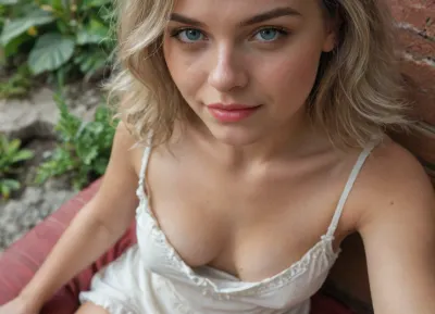 close up, focus cleavage, sitting, medium relaxed Asymmetric tits, loose white chiffon sweetheart blouse, high angle, no bra, imperfect tanned skin, face out of frame, downblouse, short dirty blonde hair, coral lipstick, smirk, hands on shoulders