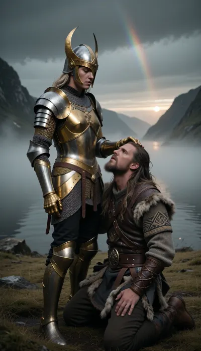 Cinematic 8k shot. Dark, mystical Scandinavian fjord at dawn, almost entirely swallowed by an opaque, heavy, and thick primeval fog. The sun is a weak, dim glow barely visible through the deep mist, providing no direct rays, only a cold, diffused luminance. A tall, ethereal Valkyrie goddess stands in a rich hauberk of shimmering golden chainmail and a masterpiece gold/silver Vendel helmet, looking down with sovereign indifference. Her golden-gauntleted hand is heavy on the head of a powerful Viking warrior with long, flowing hair and a thick beard. The warrior wears authentic, detailed Norse attire, a reinforced wool tunic with intricate embroidery and a structured leather jerkin, strictly no raw animal skins or "barbarian" furs. He is on his knees, his face turned upward in a state of pure, sacred veneration and prayerful awe. High above, a faint, mystical rainbow trail subtly streaks across the distant, leaden sky. The fog is so dense it hides the ground, isolating them in a grey and golden void. 35mm lens, f/5.6, extreme high contrast, focus on the texture of the golden mail through the shroud of mist.