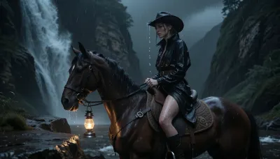 ultra photorealistic cinematic night scene in an almost completely black wilderness, a violent storm raging through steep cliffs and dense fog, a sexy female rider, 29 years old, (moves slowly along a narrow wet rock ledge while riding directly through the falling water of a massive waterfall:1.4), mist and spray, the sheer force of the waterfall visible in wave of vapor, thick fog and drifting mist filling the air and swallowing most of the environment in darkness, the only visible light source a tiny oil lamp hanging beneath her detailed hand, suspended by a small metal handle and swinging softly with the horse’s movement, its weak golden glow barely cutting through the darkness and rain, creating dramatic reflections on soaked leather, wet skin and dripping fabric, her wide brimmed cowboy hat saturated with water, rain running from the edges continuously, her high collared raincoat clinging heavily to her body, every texture rendered with extreme realism, soaked fabric fibers, scratched leather, tarnished buckles and wet horsehair visible in fine detail, her face illuminated only partially by the lamp, revealing sharp eyes, defined nose, wet lips and an intense calm expression with subtle restrained emotion, the horse muscular and tense beneath her, water streaming across its back and saddle, ultra dark low light atmosphere, deep blacks, cinematic contrast, analog 35mm film aesthetic, shallow depth of field, heavy film grain, raw mystical realism, masterpiece composition