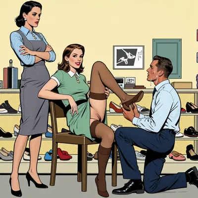 A vintage-style illustration depicting a scene in a 1950s shoe store. The composition features three figures, on the left, a dominant woman in a asserting pose, arms crossed in front of her chest, wearing a 1950s dress and blouse, is observing the man. In the center, a woman in a 1950s dress sits on a chair, leaning against the backrest, smirking. The chair is facing a young shoesalesman, in a deep kneeling position in the front right. Her dress is slightly pulled up, she is wearing brown stockings but no panties, no shoes. her genitals are slightly visible. Her knees are spread. Her right foot rests on the salesman´s thigh. On the right, the salesman, facing to the woman is staring upwards at her crotch. He is holding a shoe with his left hand, the woman´s right foot is resting on his thigh. he is on his knees, sitting on his heels. He blushes heavily and is sweating. He wears a white shirt and darkblue trousers. he is completly dressed. Large drops of sweat running down his face. Lighting is flat and even, typical of mid-20th-century illustration, with strong outlines and cross-hatching for shading. The image has a retro, illustrative style with fresh colors and a slightly grainy texture, evoking a 1950s–60s adult comic aesthetic. The overall tone is stylized and dramatic, emphasizing power dynamics and control.