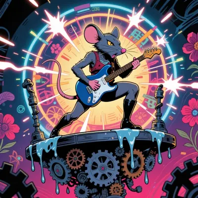 An anthropomorphic mouse woman playing a miniature electric guitar with intense energy, captured in the bold digital comic style of Rick Griffin. She stands on a floating stage made of melting clockwork gears, surrounded by a halo of vibrant neon sparks and abstract floral motifs. The composition uses a dynamic low-angle perspective with thick, confident ink lines and a vivid, clashing color scheme that emphasizes a rebellious and surreal musical mood.