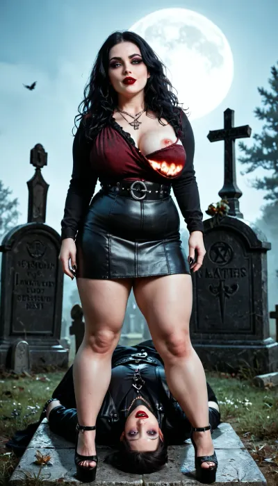 Score_9, score_8_or_above, score_7_or_above, masterpiece, best quality, maximum detail, natural lighting, extreme realism, large tombstone, (1 girl, 1 man), chubby girl, (plump, thin waist), gothic, 30 years old, perfect eyes, dark circles, rolling eyes, evil face, ((very long black hair)), wavy hair, large breasts, red lipstick, pentagram necklace, full body, (simple straight leather dress with a low neckline), one breast escaping from the neckline, exposed chest, skirt lifted, black platform shoes with heels, girl on top, vaginal sex, looking at the viewer, cemetery, crosses, tombstones, full moon, Bright, red, Intense..., Intense, gaze, Beauty, <lora:Stunning_eyes_2:.8>, <lora:Dead_Beauty:.8>