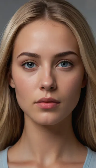 Create a hyper-realistic frontal portrait of a young adult female with an oval-shaped face, soft jawline, subtly defined cheekbones, and fully symmetrical features. Head perfectly straight, shoulders level, no tilt or angle. Eyes almond-shaped, light blue-gray, medium-large, frontal gaze, spaced one eye-width apart, subtle natural highlights in pupils. Eyebrows full, slightly arched, matching blonde hair. Nose straight, narrow bridge, slightly rounded tip, nostrils proportionate. Lips medium-full, defined cupid’s bow, neutral expression. Hair long, (~45–50 cm), light blonde with natural highlights, smooth, flowing naturally over both shoulders, partially covering a white deep V-neck blouse, soft fabric with minimal folds. Soft, natural lighting, shallow depth of field, neutral background, photorealistic skin texture, realistic hair strands, balanced shadows and highlights. Maintain exact facial proportions, realistic anatomy, hyper-detailed textures, and perfect frontal alignment. torso photo