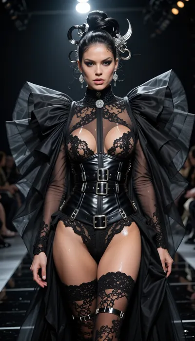 8k avant-garde haute couture runway photograph. A dark, high-gloss reflective catwalk creates a mirror effect under a fierce, dominating woman. She wears an insolent ensemble of provocative luxury, a sheer, skeletal black lace corset with silver-tipped boning, designed to be completely open and transparent, fully revealing her breasts through a microscopic silk mesh. A wide, multi-strap leather and silk garter belt with heavy chrome buckles cinches her waist, holding up thigh-high lace-topped stockings with visible metallic clips. Over her shoulders, a monumental, floor-sweeping negligee made of pleated black silk tulle billows like a dark storm, creating a dramatic, translucent haze around her silhouette. Her hair is a masterpiece of sophistication, an elaborate, high-fashion structural updo with sharp, wet-look waves and silver hair-jewelry woven into the curls. The lighting is brutal and theatrical, a sharp, cold overhead spotlight creates a high-contrast 'rim light' effect, carving the sweat-glinted contours of her body and making the silver hardware flash. Low-angle shot on 85mm lens, f/2.2, capturing the razor-sharp texture of the lace, the skin's grain, and the liquid movement of the sheer fabric. A palette of obsidian, polished chrome, and burning amber. Breathtaking, aggressive, and ultra-sexy provocation.