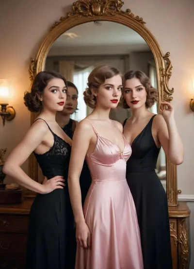 a unique art style heavily inspired by French Belle Époque, aesthetics mixed with Art Nouveau—characterized by organic, sinuous curves—and Art Deco’s sharp, geometric lines. It also emphasizes Chiaroscuro, (strong contrast between light and dark), Playful mirror featuring 4 girls, 18 year old girlfriends. They're dressed in 1900's sexy dresses, posing teasingly with a mischievous grin. Their dormroom has an aesthetic, with a large mirror, scattered makeup items, and soft lighting that enhances the pastel colors around her. Colorful and lighthearted Halloween decorations are displayed in the background. The angle of the shot is slightly tilted, capturing a laid-back, influencer-inspired vibe.