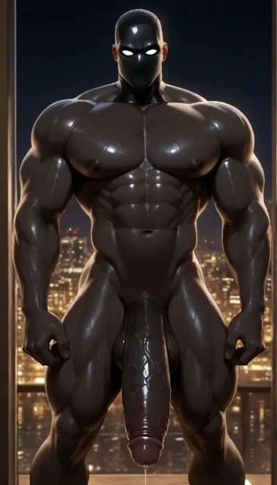 monster alien evil face, 40 years old nigerian ebony black skin mans, black balaclava on face, 2mans, 2 brutes, Only One Huge brute muscular african man, huge mucular handsome muscular african man, bald, very tall and huge african man, very handsome african man, extra huge dick head tip, huge big black cock, hyper long and thick huge big black cock, Thick Realistic cock with Suction Cup, Large Glans Penis with Curved Shaft with Strong Suction huge Cup, completely nude tall gorgeous wide body black man standing, bbc, massive black cock, veiny black cock, giant muscular, giant hyper cock, lean muscular black man, intense penis, thick cock, extra dark skined male, luxurious hotel apartment bedroom background, night time, solo, no hair, black skin, no beard, black balaclava