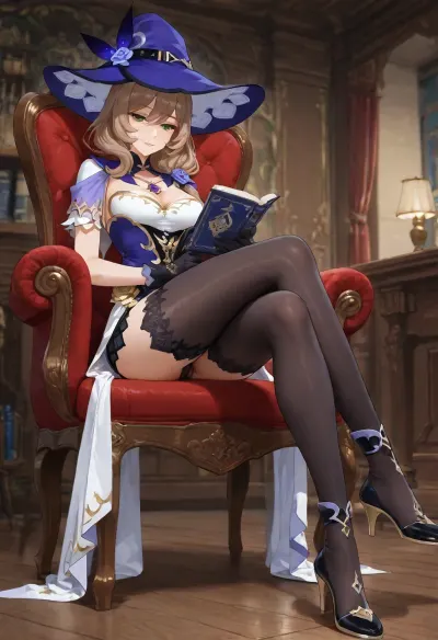 masterpiece, best quality, highres, detailed, 1woman, (lisa_, (genshin_impact), , :1.3), genshin_impact, <lora:lishax_xl:1.3>, mature, (skinny body:1.3), (medium chest:1.3), dressed, full official clothes, detailled clothes, official tights, seating on a chair, reading a book, looking at the book in her hand, legs crossed, calm expression, full body, centered composition, ground view, slightly turned, pussy visible, monstdatd library background, detailed background

3D anime style, genshin impact style, cel shading, in-game cinematic, vibrant color