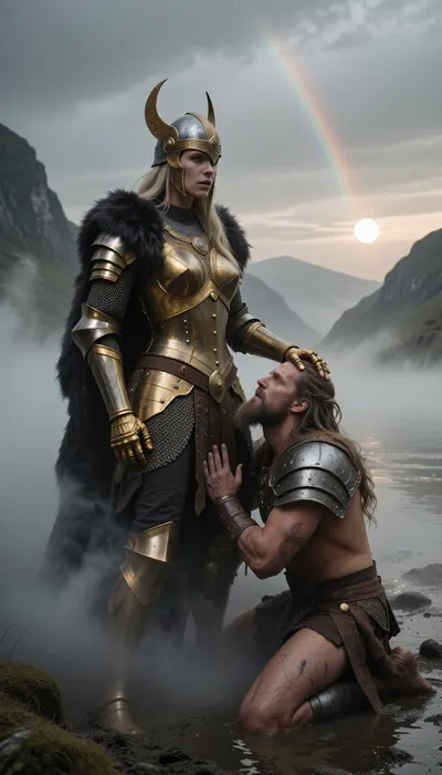 Cinematic 8k shot. Dark, mystical Scandinavian fjord at dawn, submerged in an almost opaque, swirling, ancient primeval fog, significantly reinforced to be thicker and heavier. No direct sun rays or light streaks, instead, the sun is a soft, pale disk barely piercing through the heavy, oppressive mist, creating a diffuse and ghostly glow. A tall, ethereal yet formidable Valkyrie goddess, in her rich hauberk of shimmering golden chainmail, dark furs, and masterpiece Vendel helmet, stands with chilling, sovereign indifference. Her golden-gauntleted hand rests heavily on the head of the powerful, long-haired, bearded Viking warrior kneeling in the mud. His face is turned upward in absolute, profound veneration, his gaze prayerful and devoted. High above, a faint, mystical rainbow trail streaks across the distant, grey sky. The dense mist rises to their chests, isolating them in a void of grey and gold. 35mm lens, f/5.6, extreme high contrast, focus on the soft diffusion of light through the fog vs. the sharp details of her golden armor.