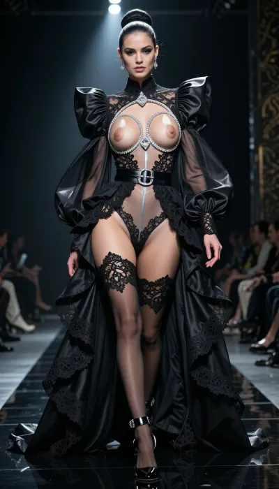 8k hyper-realistic haute couture runway photograph. A dark, high-gloss catwalk. A woman walks with a majestic, feline gait. She wears a monumental negligee of pleated midnight-black silk organza with oversized, billowing sleeves, worn completely open. Underneath, her lingerie is a technical masterpiece, the bodice consists only of circular frames of thick Chantilly lace and silver silk piping that encircle the base of each breast, leaving the breasts and nipples entirely naked and exposed at the center of the diamond-encrusted rings. The panty is engineered with the same 'open-center' logic, the sides and hips are made of heavy, ornate black lace with silver embroidery, but the entire central section—from the front to the back—is replaced by a single layer of ultra-fine, glass-like transparent silk mousseline. This mousseline is so sheer it reveals every detail of the pubic area and labia with absolute clarity, acting as a transparent window framed by the thick lace borders. She wears a wide silk garter belt with silver buckles and 16cm extreme stiletto heels in polished black lacquer. Her hair is a glossy, high-fashion architectural updo. The lighting is brutal, a cold overhead spotlight carves the anatomy, creating blinding flashes on the diamonds and making the skin and texture of the exposed breasts and sex glow through the invisible mousseline with surgical high-definition radiance. Low-angle shot, 85mm lens, f/1.2. Razor-sharp focus on the anatomical exposure and the crystalline texture of the silver-and-lace details. Pure sophisticated provocation.