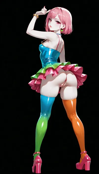 black background, style neon painted, petite body, in full height, stands in a pose, random color short cute dress, 1girl, solo, height exactly 132 centimeters, small detailed bust, small_breast, bangs, short hair, necklace with a heart, earrings, manicure, pedicure, light makeup, pale skin, transparent high-platform shoes with stilettos, random color stockings, love juice flows from the anus, the vagina is slightly open, the anus is large
