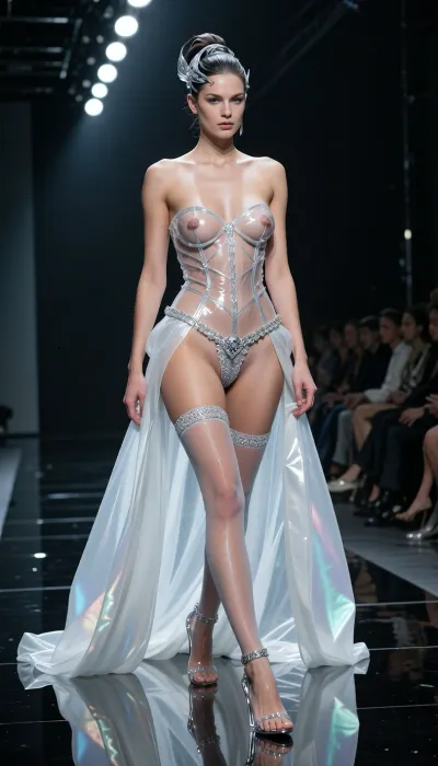 8k avant-garde haute couture runway photograph. A dark, liquid-mirror catwalk reflecting intense studio lighting. A woman walks with a majestic, insolent gait, mastery of the 'invisible couture' concept. She wears a transparent masterpiece, a skeletal corset made of micro-fine, translucent glass-fiber threads and silver silk filaments that act as a delicate cage, tracing the contours of her breasts and torso while leaving them completely naked and visible through the crystalline mesh. A matching, ultra-thin silk garter belt with microscopic diamond-cut hardware holds up stockings so sheer they are only betrayed by a fine silver back-seam. On her feet, 13cm heels made of solid transparent acrylic with a razor-thin steel core. The negligee is a monumental work of art, a floor-sweeping 'liquid silk' organza in an iridescent pearl-white, worn completely open and floating behind her like a ghostly, translucent second skin. Her hair is an architectural masterpiece, a high-fashion, wet-look structural updo with silver leaf pressed into the hairline. The lighting is aggressive and clinical, a cold overhead spotlight carves her figure, creating brilliant specular highlights on the 'glass' threads and making her skin glow with a dewy, high-definition radiance. Low-angle shot, 85mm lens, f/1.4. Razor-sharp focus on the microscopic silver threads, the glint of the acrylic heels, and the wet texture of her skin. The pinnacle of sophisticated, naked-yet-dressed provocation, hyper-realistic textures.