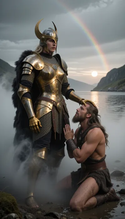 Cinematic 8k shot. Dark, mystical Scandinavian fjord at dawn, submerged in an almost opaque, swirling, ancient primeval fog, significantly reinforced to be thicker and heavier. No direct sun rays or light streaks, instead, the sun is a soft, pale disk barely piercing through the heavy, oppressive mist, creating a diffuse and ghostly glow. A tall, ethereal yet formidable Valkyrie goddess, in her rich hauberk of shimmering golden chainmail, dark furs, and masterpiece Vendel helmet, stands with chilling, sovereign indifference. Her golden-gauntleted hand rests heavily on the head of the powerful, long-haired, bearded Viking warrior kneeling in the mud. His face is turned upward in absolute, profound veneration, his gaze prayerful and devoted. High above, a faint, mystical rainbow trail streaks across the distant, grey sky. The dense mist rises to their chests, isolating them in a void of grey and gold. 35mm lens, f/5.6, extreme high contrast, focus on the soft diffusion of light through the fog vs. the sharp details of her golden armor.