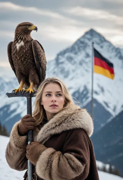 a 25 yo German woman dressed in furs on a peak of the Alps, long blonde hair, In her hands she holds a iron-sword., (On her shoulder stand a German eagle), It is snowing gently, In the background, a German national flag in the background