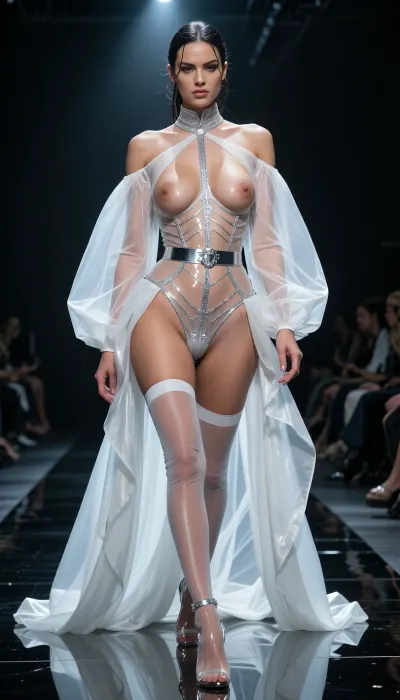 8k ultra-realistic haute couture runway photograph. A dark, high-gloss reflective catwalk. A woman walks with an insolent and predatory gait, showcasing a scandalous 'nude-couture' ensemble. She wears a monumental negligee of sheer, pleated white silk chiffon with wide, oversized sleeves and a floor-sweeping train, worn entirely open and sliding off her shoulders to reveal her torso and hips. Underneath, a skeletal lingerie system made of micro-fine, transparent 'glass-effect' tulle and silver silk filaments. The piece is engineered with a radical anatomical cut, the silk threads only trace the outer contours of her body, leaving the breasts and the entire pubic area completely naked and exposed, framed only by the invisible tension of the crystalline mesh. A high-fashion, ultra-thin silk garter belt with silver hardware holds up thigh-high stockings so sheer they appear painted on. On her feet, 14cm clear acrylic stilettos that make her appear to float. Her hair is a wet-look architectural updo. The lighting is aggressive, a cold, powerful overhead spotlight carves her anatomy with surgical precision, creating brilliant highlights on the silver filaments and making the pubic area and skin glow with high-definition radiance. Low-angle shot, 85mm lens, f/1.2. Razor-sharp focus on the skin's texture, the transparency of the chiffon, and the scandalous architectural exposure. The pinnacle of sophisticated, high-end provocation.