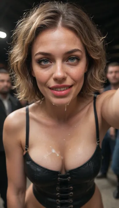 (Milf, mature, wrinkles), black background, reaching to viewer, (sharp face features:1.2), narrow face, big eyes, big mouth, (bimbo make-up:1.2), (standing), sly look, playful look, wicked smirk, horny grin, thick hair, (messy hair), (short hair cut), (close up view:1.2), upper body view, sexy lips, bright lipstick, smeared mascara, with cum on cleavage, with cum on face, facial, cum dripping, (dancing), (clubbing), seduction, flirting, getting close, (public, (thick crowd), dancing people), drunk, night club, sweaty, flushed, (black top), (leather corset), (black pushup bra), (black chocker), clothed, (low angle view:.5), slut, whore, cum covered