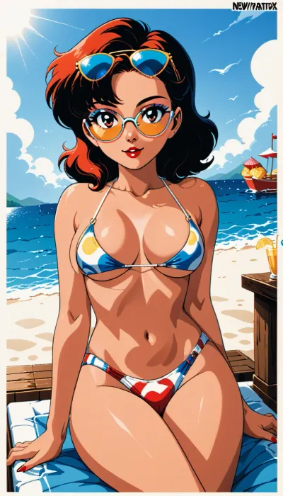 girl sunbathing on the deck of a yacht, sunglasses, relaxed pose, ocean horizon, vintage 1960s comic book style, Ben-Day dots, halftone print texture, flat inks, limited CMYK palette, thick black outlines, dot‑matrix shading, retro offset printing, slight colour misalignment, newsprint texture, bold graphic shapes, classic DC/Marvel aesthetic