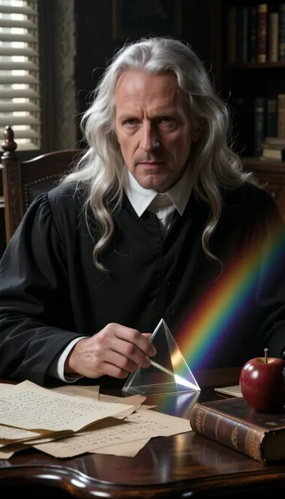 A cinematic and atmospheric 4K portrait of a solemn, scholarly man in his late 60s from the late 17th century, sitting in a dark, quiet study. He has a striking, long mane of natural, fine silver-white hair that falls loosely in soft, natural waves past his shoulders and frames his sharp, austere face, with no artificial wig structures or curls. His face is deeply intellectual, characterized by a prominent, sharp nose, a strong jawline, and piercing, intense gray eyes that stare with profound concentration. He wears a simple, dark black scholar's robe with a stiff, plain white linen collar at his neck. He sits at a heavy oak desk. In his hand, he holds a small, clear glass triangular prism, angled to catch a single, sharp beam of sunlight coming through a window shutter, splitting the white light into a vibrant, glowing rainbow spectrum across his desk and onto a pile of handwritten parchment manuscripts. On the edge of the desk, a single, deep red apple rests next to an old leather-bound book. The lighting is dramatic and focused, reminiscent of a Rembrandt painting, illuminating the silver hair, the glass prism, and the brilliant colors of the light spectrum. Photorealistic, rich textures, historical archive style.