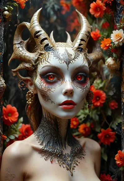 b/w, A stylized, elaborate artwork featuring a figure resembling a skeletal, mythical creature. The creature's face and body is partially obscured by flowing, decorative elements. Its features include a skull-like face with exaggerated, striking features, large, bright red eyes, and a slightly open mouth. The creature has large, stylized horns and wears a flowing, cloak-like garment. The creature appears to be holding or interacting with another being resembling an animal's head or face. The background is densely patterned with swirling, organic forms and abstract floral designs. The style is reminiscent of psychedelic art, with a vintage, textured feel. The lighting is diffused, coming from various directions and creating highlights and shadows within the design. The composition is complex, with the figure at the center and many intricate details filling the space. The overall atmosphere is mysterious and otherworldly, imbued with strong symbolism. There is a striking textured surface, reminiscent of a vintage poster or album cover., ((((Full body)))), (massive saggy tits, nude, detailed pussy, big clitoris and inner labia), <lora:COMFYUI_mimic_landscape_-_XL_SDXL v2.0:.7>, <lora:attractive_notrigger:.8>, <lora:PerfectEyesXL:.6>, <lora:MJ52:1>