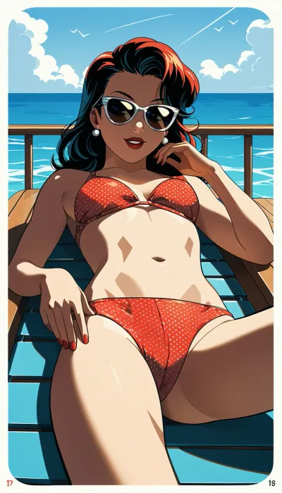 girl sunbathing on the deck of a yacht, sunglasses, relaxed pose, ocean horizon, vintage 1960s comic book style, Ben-Day dots, halftone print texture, flat inks, limited CMYK palette, thick black outlines, dot‑matrix shading, retro offset printing, slight colour misalignment, newsprint texture, bold graphic shapes, classic DC/Marvel aesthetic