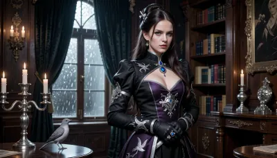 Lenore Delacier, elegant human-like aasimar noblewoman from a declining silver noble house in grimdark fantasy, tall graceful feminine build, poised aristocratic posture, long dark brown hair styled in an elaborate noble updo with silver hairpins, pale porcelain skin, striking silver-gray eyes with an unsettlingly observant gaze, impossibly composed and refined presence

subtle uncanny beauty, emotionally restrained, gothic aristocratic elegance, the energy of a woman performing perfection constantly, beautiful but quietly exhausted beneath the facade, dangerous social intelligence, precise controlled body language, intense eye contact, candlelight reflecting in silver eyes

wearing luxurious tailored noble attire in charcoal black, deep violet and silver, fitted gothic fashion with elegant dueling cuts designed for movement and grace, subtle silver embroidery inspired by nightingale motifs and House Delacier heraldry, feminine silhouette emphasizing elegance and refinement rather than fragility, dark gloves, silver signet ring, restrained silver jewelry with sapphire and amethyst accents

a small silver-gray nightingale perched nearby, watching silently

standing inside a candlelit gothic salon within House Delacier, dark walnut wood, silver candleholders, rain against tall windows, velvet curtains, bookshelves, old portraits and polished silver details, aristocratic atmosphere of fading nobility and controlled beauty

she should feel emotionally restrained, highly intelligent, quietly dangerous and socially magnetic, a woman burdened by impossible expectations and old family legacy, refined but lonely, elegant but suffocating beneath her role as the perfect heiress of House Delacier, cinematic dark fantasy realism, ultra detailed textures, realistic lighting, gothic masterpiece