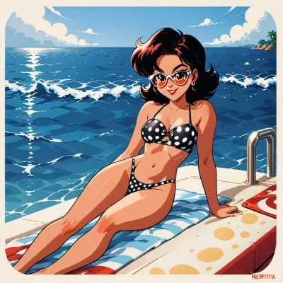 girl sunbathing on the deck of a yacht, sunglasses, relaxed pose, ocean horizon, vintage 1960s comic book style, Ben-Day dots, halftone print texture, flat inks, limited CMYK palette, thick black outlines, dot‑matrix shading, retro offset printing, slight colour misalignment, newsprint texture, bold graphic shapes, classic DC/Marvel aesthetic