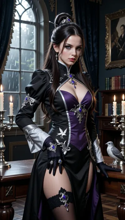 Lenore Delacier, elegant human-like aasimar noblewoman from a declining silver noble house in grimdark fantasy, tall graceful feminine build, poised aristocratic posture, long dark brown hair styled in an elaborate noble updo with silver hairpins, pale porcelain skin, striking silver-gray eyes with an unsettlingly observant gaze, impossibly composed and refined presence

subtle uncanny beauty, emotionally restrained, gothic aristocratic elegance, the energy of a woman performing perfection constantly, beautiful but quietly exhausted beneath the facade, dangerous social intelligence, precise controlled body language, intense eye contact, candlelight reflecting in silver eyes

wearing luxurious tailored noble attire in charcoal black, deep violet and silver, fitted gothic fashion with elegant dueling cuts designed for movement and grace, subtle silver embroidery inspired by nightingale motifs and House Delacier heraldry, feminine silhouette emphasizing elegance and refinement rather than fragility, dark gloves, silver signet ring, restrained silver jewelry with sapphire and amethyst accents

a small silver-gray nightingale perched nearby, watching silently

standing inside a candlelit gothic salon within House Delacier, dark walnut wood, silver candleholders, rain against tall windows, velvet curtains, bookshelves, old portraits and polished silver details, aristocratic atmosphere of fading nobility and controlled beauty

she should feel emotionally restrained, highly intelligent, quietly dangerous and socially magnetic, a woman burdened by impossible expectations and old family legacy, refined but lonely, elegant but suffocating beneath her role as the perfect heiress of House Delacier, cinematic dark fantasy realism, ultra detailed textures, realistic lighting, gothic masterpiece