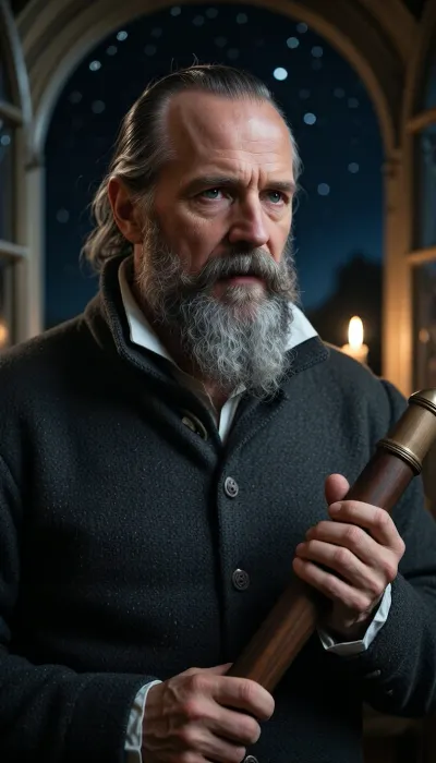 A cinematic and evocative 4K portrait of an intense, observant man in his late 60s from the early 17th century, standing near an open arched window at night. He features a distinctive high, wide, and prominent receding forehead, with his hair receding deeply at the temples. His face is remarkably wide and full, characterized by prominent, fleshy, and rounded cheeks that catch the light, completely free of any hollows or gaunt shadows. His facial structure is stocky and jovial, with a thick, soft double chin partly visible beneath his dense, compact gray-and-white beard. His sharp, analytical dark eyes look intently upward toward a starry night sky. A well-defined gray-and-white mustache covers his upper lip, merging into a thick, squared beard that frames his heavy, rounded jawline. He wears a simple, heavy dark woolen doublet with a modest white collar. In his hands, he holds a long, slender, primitive telescope made of a dark wood cylinder. A faint, warm candlelight from inside the room illuminates his wide face, highlighting the smooth, full volume of his rounded cheeks and his high forehead. Photorealistic, dramatic chiaroscuro lighting, oil painting texture.