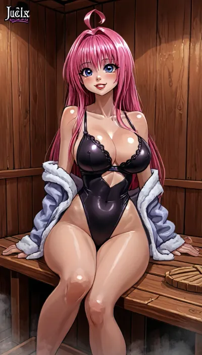 (innv meets jack cayless style:1.2), (hentai anime style:1.2), (reiq style:1.2), (masterpiece:1.2), masterpiece, cel-shaded, limited color palette, ((beautiful perfect sexy Lala Satalin Deviluke from To Love Ru body:1.6)), solo, alone, (big curves muscles body), (happy face, big perfect breast, muscles body, muscles arms, perfect muscles legs, muscles ass, pink hair long, feet. hard Naples, looks erotic), ((in a sexy bathrobe), (tightly sexy bra), (tightly Underwear sexy panty), (came toe)), (seductive pose), (inside, sauna, hotel), aalala, long, hair, green, eyes, breasts, bodysuit, leotard, puffy, showgirl, blue, pantyhose, ahoge, ornament, collared, plaid, <lora:LCMTurboMix_Euler_A_fix:1.6>, <lora:EnvyCuteXL01v12:1.6>, <lora:EnvyAnimeDigitalPaintingXL01:1.6>, <lora:EnvyCuteSliderXL01:1.6>, <lora:lala_satalin_deviluke_xl(animagine)_v1:2>