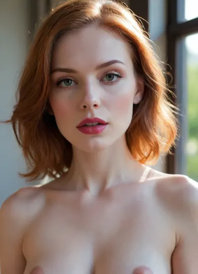 (ethereal aesthetic, surreal lighting:1.2), submissive sensual 25yo woman, (redhead hair so fine and light it's nearly translucent and floating weightless, hair glow lighting), pale light eyebrows, short hair, loose strands of hair framing face, stray hair glowing in sunlight, (submissive pose, perfect posture, arms behind back), (lips slightly parted in a sensual gasp, holding breath), (blindfolded, soft velvet blindfold, sensual BDSM aesthetic, intimate anticipation), living room, window, window blinds, (soft full lips, sharp defined jawline, delicate features, slender waist, visible ribs and hip bones contour her pale skin, petite and waif-like:1.4), (hair glow lighting, hdr lens flare, crepuscular lighting through window, light motes), (sensual portrait, sharp focus on lips, face bathed in sunlight:1.6), (layered composition with defined foreground and background, shallow depth of field), (girl-next-door beauty with natural charm), (visible bra strap, padded pushup bra, soft velvety corset)