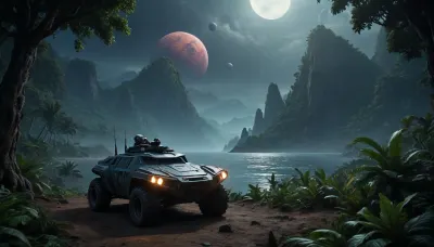 fullcolor image, 8K quality, night, alien planet, fantastic jungles, alien strange landscape, alien ocean, many fantastic animals, some planets satelite visible in sky, small human space hovercraftr hovering low over the landscape, an armored all-terrain vehicle drives through the jungle towards the mountains