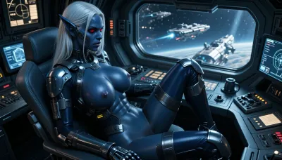 8k, UHD, HDR, side view, sexy nude female alien, huge massive breasts, war armored, dark blue all body skin, dark blue all body, bright white straight hair, dark red eyes, curvy, toned legs, and extremely terrifying but horny manner, she is sitting in a commander chair in spaceship, she is looking at spaceship front window, watching others spaceships, surrounded by screens and navigation instruments, view from above, showing big cleavage