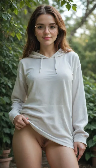 score_9, score_8_up, score_7_up, Scandinavian girl, 18 years, hot girl, sexy girl, fit girl, perfectly big round tits, beautiful brown eyes, small round face, thin nose, shoulder length hair, auburn hair, glasses, freckles, blushing, really long hoodie, no pants, no skirt, standing, exposed pussy, hairy pussy, (upshirt View), smiling, highly detailed, best quality, focus on her pussy, View from below, In garden, beautiful natural lighting, natural photo, realistic image, high contrast