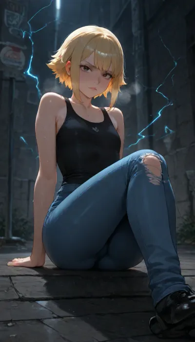 BNHA, (MHA), Hero Prodigy gets a Femboy System, Nao Ichijo, Feminine face, Feminine shoulders, flat chest, Petite arms, Slender legs, Round ass, wearing torn up damaged dirty black shirt with blue jeans, His short blonde hair so pale it shimmered near silver and his face both sharp and delicate with Black eyes gleamed beneath furrowed brows and His slender frame petite, with just a hint of muscle—strained against the black shirt and slacks clinging to his sweat-damp skin, Then his entire body, from head to toe, radiates vivid electric energy glowing blue and violet lightning pulses across their skin, crackling in sharp jolts around their arms, chest, legs, and face. Their eyes glow white with mystical power, hair lifting slightly from the static energy. The atmosphere feels magical and otherworldly, with sparks dancing through the air, glowing runes faintly visible beneath their feet, and waves of electricity illuminating the surrounding darkness, "HOLY FUCK!" Nao gasped, Tears streamed down his face, his body trembling as he collapsed onto the filthy ground. "What… what the fuck?" he croaked, voice raw and ragged. His vision swam, a black haze slowly giving way to the contours of an alleyway or was it? The world felt wrong, warped. A harsh voice cut through the ringing in his ears. "Hey, fucker. Look, you kept one alive." Nao's head lolled toward the sound, catching the outline of a small figure a man. "Must be one of those quirks that lets ya cling to life. Dunno, " another voice sneered, closer now.