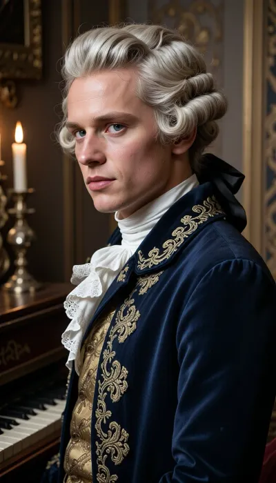 A cinematic and highly detailed 4K historical portrait of a young man in his late 20s from the 18th century, captured in a profile or three-quarter view. He has a distinctive, structured powdered wig featuring formal horizontal rows of rolled curls, (pipe-curls), over his ears, tied neatly at the back of his neck with a black silk ribbon. His face is characterized by a slightly prominent, aquiline nose, plump and youthful cheeks, and large, wide-set, expressive blue eyes that convey an intense, restless intelligence. His complexion is fair, with smooth, clear skin typical of the aristocracy of the era. He wears an elegant, tailored 1700s period frock coat made of deep blue velvet with intricate gold embroidery along the lapels and high collar, revealing a ruffled white lace cravat at his throat. He is positioned in a grand, candlelit room with rich wood paneling, sitting near a classical keyboard instrument. The soft, dramatic side-lighting catches the texture of the white powder on his wig, the rich fabric of his coat, and the vivid clarity of his eyes. Photorealistic, oil painting texture, historical archive style.