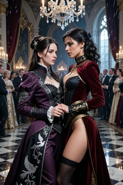 Lenore Delacier and Valessia Montreux dancing together at a grand winter gala in Noble Quarter of Sangaries, emotionally charged sapphic tension in grimdark gothic fantasy aristocracy

Lenore Delacier, elegant aasimar noblewoman with pale porcelain skin, long dark brown hair in an immaculate aristocratic updo with silver hairpins, striking silver-gray eyes, wearing luxurious fitted gothic noble attire in deep violet, charcoal black and silver embroidery inspired by House Delacier nightingale heraldry, graceful feminine silhouette, emotionally restrained but visibly softening during the dance

Valessia Montreux, tall athletic human merchant heiress with dark wavy hair and vivid green eyes, warm charismatic presence, wearing daring aristocratic fashion in deep crimson velvet, black silk and gold accents, fitted elegant noble attire with provocative modern tailoring and subtle exposed skin, confident and physically expressive body language

the two women dancing extremely close together in the center of a grand gothic ballroom beneath crystal chandeliers and candlelight, intense eye contact, visible chemistry and emotional vulnerability, Valessia guiding Lenore with subtle provocative intimacy while Lenore slowly forgets the world around her

the ballroom filled with aristocrats in blurred background watching them with fascination and whispered speculation, silver candlelight reflecting on polished marble floors, winter rain against towering windows, velvet curtains, gold and silver noble decor, cinematic gothic atmosphere

the emotional focus is the moment Lenore unconsciously lowers her emotional defenses while dancing with Valessia, dangerous romantic tension between old nobility and rising merchant power, moonlight and firelight contrast between the women, cinematic dark fantasy realism, ultra detailed textures, dramatic candlelit atmosphere, gothic masterpiece