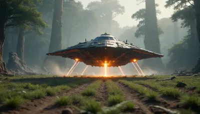 elongated human spaceship, floating low over the ground, firing a orange laser at the ground, alien planet with alien vegetation, alien jungle, sci-fi, Hyperion, battlecruiser, schyperionbc, <lora:Hyperion_Battlecruiser_SDXL_Starcraft:2>