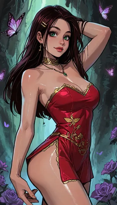 ((Melkor mancin meet markgavatino style)), ((symmetric perfect green eyes)), look at viewer, purple irisdescent, (background psychedelic abstract), (Arabic dark ethnicity:1), muscular small petite, short height, ((Chinese princess in an intricate outfit, high micro skirt)), (portrait pose arched body showing plump ass:1.4), ((huge plump cleavage breasts:1)), wet ass, glowing purple flowers butterflies, (reiq style), Score_9, score_8_up, score_7_up, masterpiece, (1woman, 8k resolution, ultra-detailed), solo, ratatatat74, super thick long hair blowing in the wind, hair clips bangles, bright lipstick, bright eyes, <lora:LCMTurboMix_Euler_A_fix:1.1>, <lora:ratatatat74-000050:1.1>, <lora:EnvyAnimeDigitalPaintingXL01:1.1>, <lora:SDXLSamDoesArts:1.1>, wet thighs, rose, butterflies, necklace choker, subtle small smile, soaking wet lace