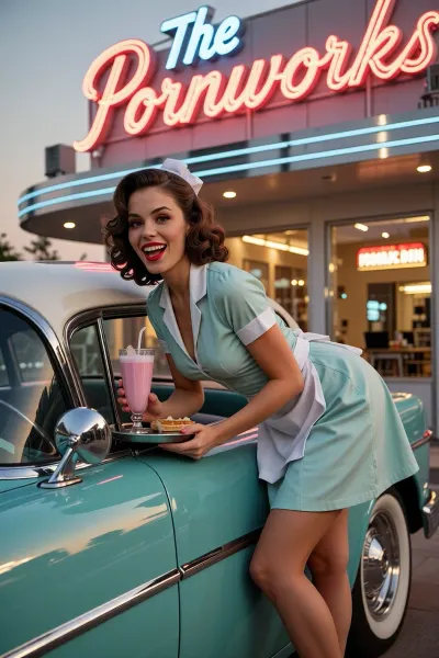 elegant 1950s pin-up waitress leaning over arched a polished vintage turquoise car outside a glowing retro American diner at sunset, captivating smile, expressive eyes, glamorous red lipstick, soft curled brunette hair styled in classic vintage waves, fitted pastel retro waitress uniform with white apron, elegant feminine silhouette, she delicately carries a silver tray with a pink milkshake and small diner snacks while looking toward the camera with playful confidence, subtle candid laughter, large cinematic neon diner sign glowing behind her, golden sunset light reflecting on chrome details and polished car paint, nostalgic Americana atmosphere, classic authentic pin-up aesthetic, cinematic retro photography, beautiful realistic face, natural skin texture, soft golden-hour lighting, clean sophisticated composition, vibrant retro color palette, subtle film grain, timeless Hollywood glamour, masterpiece

dynamic glamour pose, long legs, cheerful flirty energy, she is arched, The neon sign figures the text, pornworks