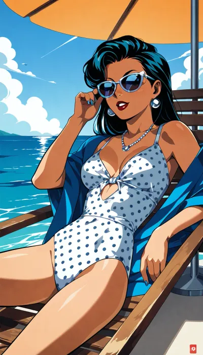girl sunbathing on the deck of a yacht, sunglasses, relaxed pose, ocean horizon, vintage 1960s comic book style, Ben-Day dots, halftone print texture, flat inks, limited CMYK palette, thick black outlines, dot‑matrix shading, retro offset printing, slight colour misalignment, newsprint texture, bold graphic shapes, classic DC/Marvel aesthetic