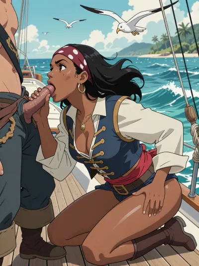 An extremely detailed, vivid anime hentai illustration, on the wooden deck of a sailing yacht during a pirate-themed party cruise, a stunning mulatto woman with long, thick black hair blowing in the wind, wearing a bandana, gold earrings, and a gold pendant around her neck, is on her knees passionately giving a blowjob. With one hand, she grips the base of the erect penis, guiding it into her open mouth, while her other hand rests on her thigh. She wears a white long-sleeved shirt with a deep neckline, a blue pirate vest with trim, a red sash, a brown belt, and boots. Standing before her is a partially visible man in loose-fitting pants with an unbuttoned fly and brown boots. A sunny day, a turquoise ocean with white waves, a distant tropical island with palm trees and mountains, a blue sky with clouds, and seagulls flying over the waves. Natural sunlight, hair blowing in the wind, perfect anatomy, realistic skin and fabric textures, dynamic pose, cinematic lighting, a masterpiece, sharp details, high resolution, 2D anime hentai.