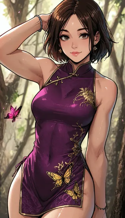 ((Melkor mancin meet markgavatino style)), ((symmetric perfect brown eyes)), look at viewer, purple iridescent portrait, (background psychedelic abstract calligraphic ink strokes), muscular small petite, short height, ((Asian princess in an intricate cheongsam with micro skirt hem)), (portrait pose arched body:1.4), ((wet plump ass, huge cleavage breasts)), glowing purple flowers butterflies, (reiq style), Score_9, score_8_up, score_7_up, masterpiece, (1woman, 8k resolution, ultra-detailed), solo, ratatatat74, super thick long hair blowing in the wind, hair clips bangles, bright lipstick, bright eyes, wet thighs, butterflies, necklace choker, subtle small smile, soaking wet lace, <lora:LCMTurboMix_Euler_A_fix:1.1>, <lora:ratatatat74-000050:1.1>, <lora:SDXLSamDoesArts:1.1>