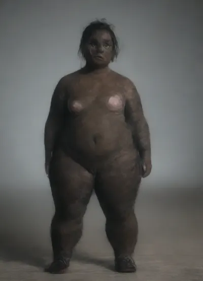 African Woman, 25yo, fat, bbw, Chubby, naked, straight black hair, (Very flat chest), small breast, (black skin:3), pink tits, hazel eyes, standing, Full body, looking at the viewer, 4K, white room as a backdrop