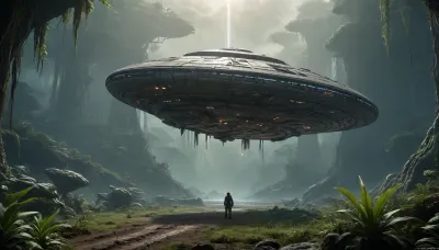 elongated human spaceship, floating low over the ground, alien planet with alien vegetation, alien jungle, sci-fi, Hyperion, battlecruiser, schyperionbc, <lora:Hyperion_Battlecruiser_SDXL_Starcraft:2>