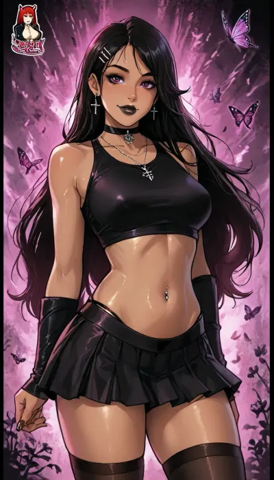 ((Melkor mancin meet markgavatino style)), ((symmetric perfect eyes)), look at viewer, (purple background psychedelic abstract), (Chinese wife dark skin:1.5), muscular small petite, short height, ((goth brat in an intricate outfit, high micro skirt)), (portrait pose plump ass), glowing purple flowers butterflies, (reiq style), Score_9, score_8_up, score_7_up, masterpiece, (1woman, 8k resolution, ultra-detailed), solo, ratatatat74, super thick long hair blowing in the wind, hair clips bangles, bright lipstick, bright eyes, <lora:LCMTurboMix_Euler_A_fix:1.1>, <lora:ratatatat74-000050:1.1>, <lora:SDXLSamDoesArts:1.1>, wet thighs, rose, butterflies, necklace choker, subtle small smile, ((belly piercing)), black lipstick, pastel, goth, <lora:EnvyPastelGothXL01:.8>