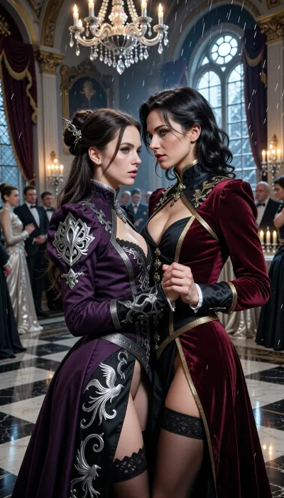 Lenore Delacier and Valessia Montreux dancing together at a grand winter gala in Noble Quarter of Sangaries, emotionally charged sapphic tension in grimdark gothic fantasy aristocracy

Lenore Delacier, elegant aasimar noblewoman with pale porcelain skin, long dark brown hair in an immaculate aristocratic updo with silver hairpins, striking silver-gray eyes, wearing luxurious fitted gothic noble attire in deep violet, charcoal black and silver embroidery inspired by House Delacier nightingale heraldry, graceful feminine silhouette, emotionally restrained but visibly softening during the dance

Valessia Montreux, tall athletic human merchant heiress with dark wavy hair and vivid green eyes, warm charismatic presence, wearing daring aristocratic fashion in deep crimson velvet, black silk and gold accents, fitted elegant noble attire with provocative modern tailoring and subtle exposed skin, confident and physically expressive body language

the two women dancing extremely close together in the center of a grand gothic ballroom beneath crystal chandeliers and candlelight, intense eye contact, visible chemistry and emotional vulnerability, Valessia guiding Lenore with subtle provocative intimacy while Lenore slowly forgets the world around her

the ballroom filled with aristocrats in blurred background watching them with fascination and whispered speculation, silver candlelight reflecting on polished marble floors, winter rain against towering windows, velvet curtains, gold and silver noble decor, cinematic gothic atmosphere

the emotional focus is the moment Lenore unconsciously lowers her emotional defenses while dancing with Valessia, dangerous romantic tension between old nobility and rising merchant power, moonlight and firelight contrast between the women, cinematic dark fantasy realism, ultra detailed textures, dramatic candlelit atmosphere, gothic masterpiece