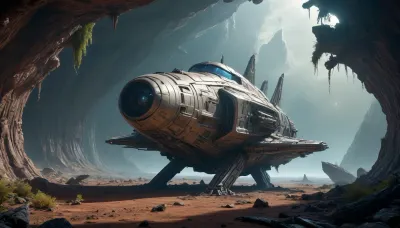 crashed spaceship, alien planet with alien vegetation, sci-fi, Hyperion, battlecruiser, schyperionbc, <lora:Hyperion_Battlecruiser_SDXL_Starcraft:2>