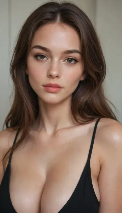 40 years old woman. Brown straight long hair. Perfect face. Beautiful face. Brown eyes. Black top. Cleavage., (STRAIGHT HAIR), . Big Perfect tits. Nordic face.