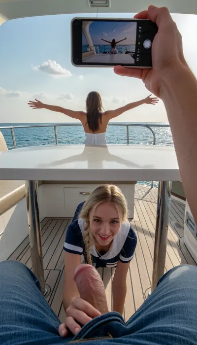On a luxury yacht, scene seen by a sitting man whom we seen only, Under a table, the legs with jeans unzipped and the dick which is hard, (just in front of him under the table and hidden by it, is a 20 yo petite sexy woman, danish-type, elegant, beautiful, blonde braid hair, very white skin, in blue-marine and white crew service clothes, on her fours, very low to stay under table, with hand touching his dick, cute smile, just behind her a storage chest barely visible), in the center background the back of a brown woman in, (light white dress), on the deck, arms spread . bright sunny morning, blue sky, few cumulus clouds in pastel colors, cold pale-gold early morning sun coming from the right casting rays on the deck . POV perspective, the viewer's right arm extends from the right side of the frame, inner forearm facing inward, holding horizontal his smartphone, on which there is a photograph which is an extract of the scene focusing only on the background woman which takes the whole photograph . Very background is the turquoise ocean