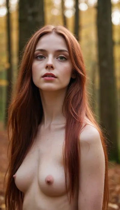 portrait of a nude young woman, long straight crimson hair, tiny breasts, dreamy atmospheric lighting, ethereal, serene, captivating composition, amber eyes, autumnal forest, (leaves falling:1.1), (close-up), (side-view)